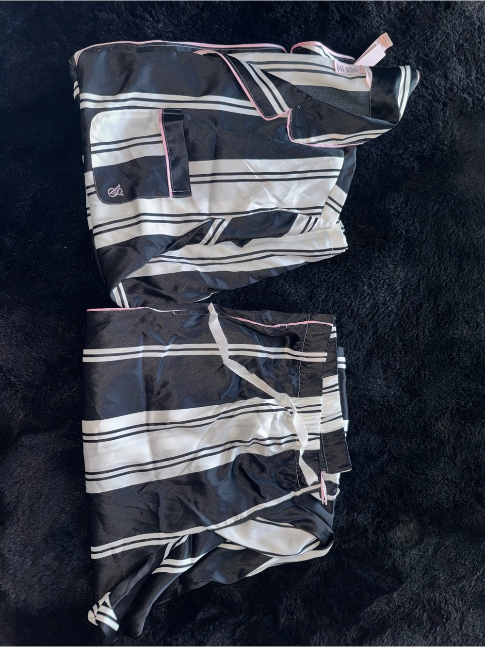 Victoria's Secret Black and White Striped Satin Pajama Set with Pink Trim